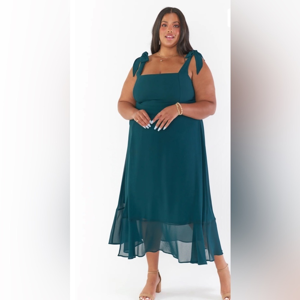 SHOW ME YOUR MUMU Claire Elegant Emerald Chiffon Midi Dress Bridesmaid NWT - Picture 4 of 16